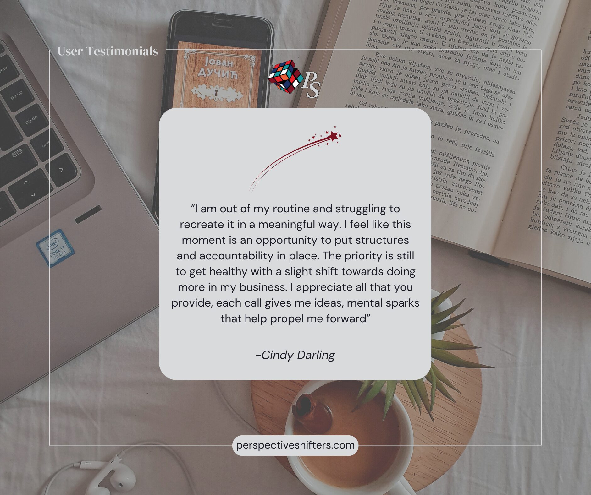A testimonial on a coffee table with books, highlighting personal growth and structure, attributed to Cindy Darling.