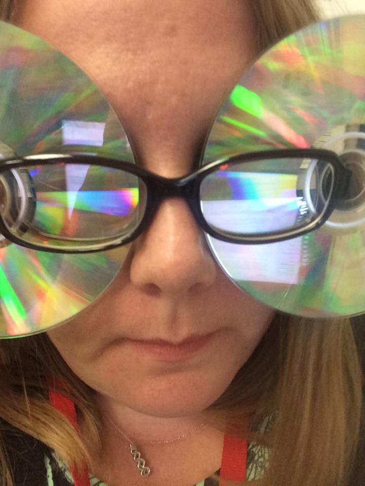 Stephanie Kunkel sported glasses with CDs attached, covering her eyes and creating a humorous effect with colorful reflections.