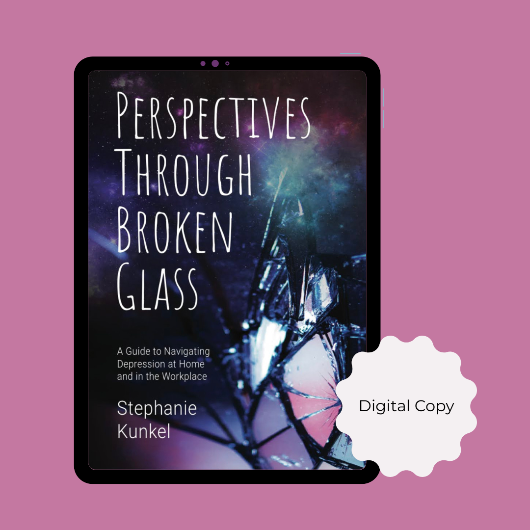 A digital device sits on a pink background.  On the screen, The Cover of Perspectives Through Broken Glass appears with a sticker in the bottom right that says "Digital Copy" 